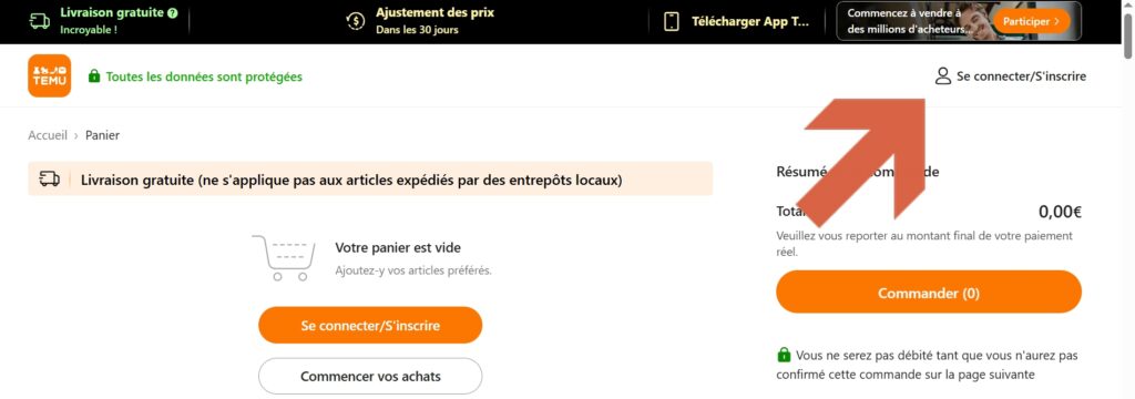 temu mon panier connexion
