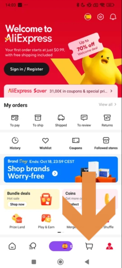 ou est mon panier AliExpress sur mobile