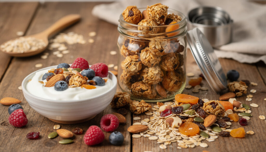 découvrez la recette maison de granola croustillant et muesli by cyril lignac, pour un petit-déjeuner sain et gourmand à préparer soi-même.