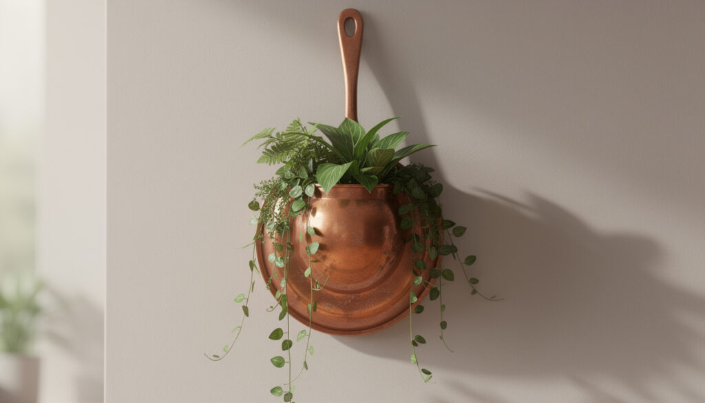 découvrez comment transformer un poêle en cuivre en une décoration murale unique avec des plantes suspendues pour un intérieur chaleureux et original.