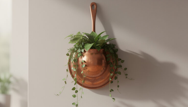 découvrez comment transformer un poêle en cuivre en une décoration murale unique avec des plantes suspendues pour un intérieur chaleureux et original.